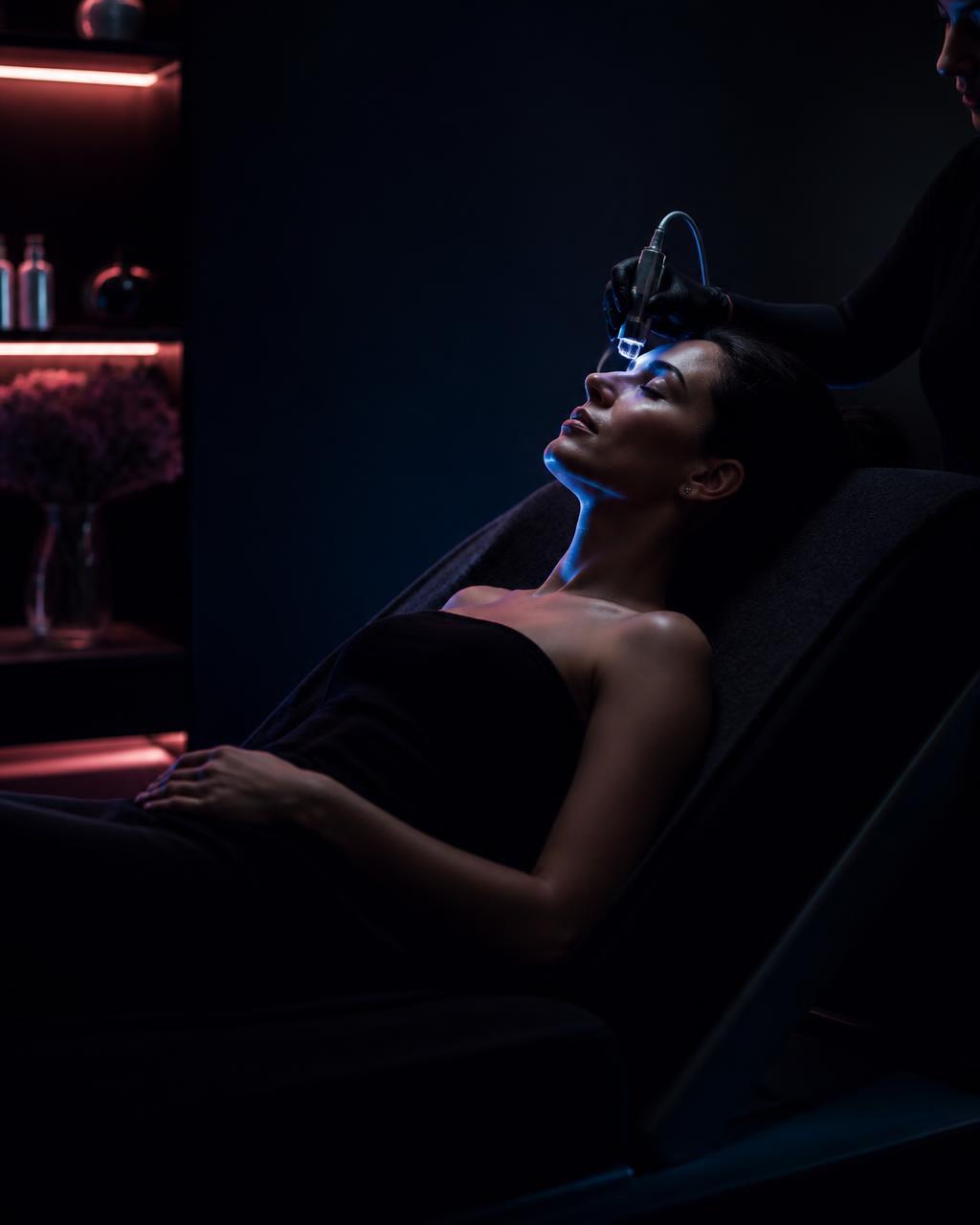 Med spa treatment room lit in blue and pink light